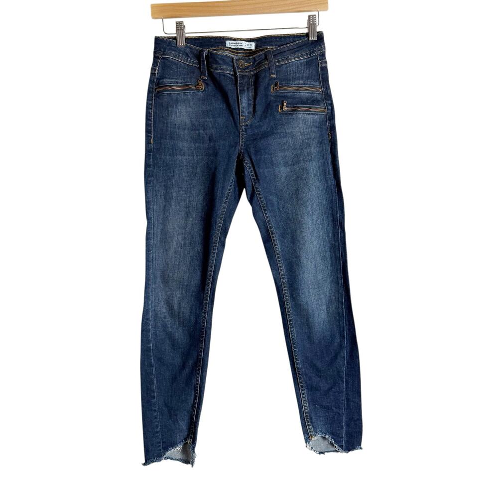 Zara Basic Chewed Raw Hem Mid Rise Zip Pocket Skinny Jeans Size 4